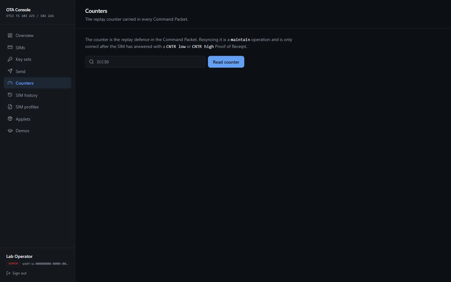 The Counters section showing a SIM's replay counter.