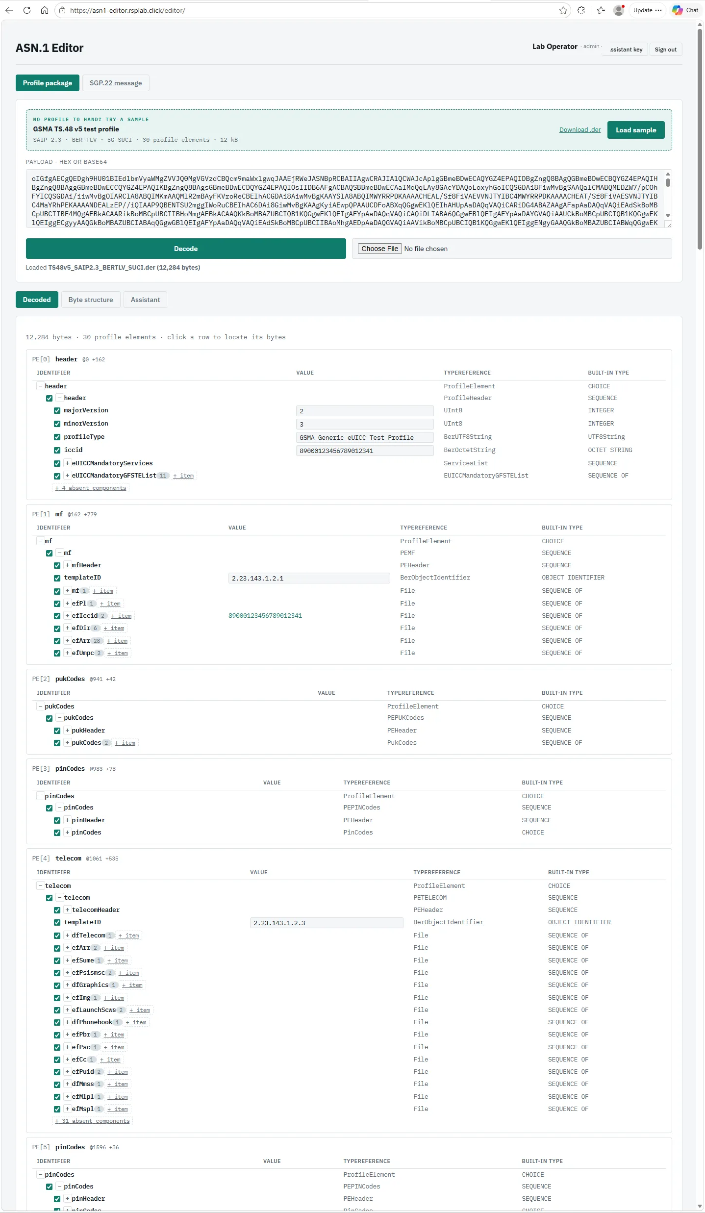 A decoded profile package: one table per profile element, each row naming the identifier, its value, its type reference and its built-in ASN.1 type.