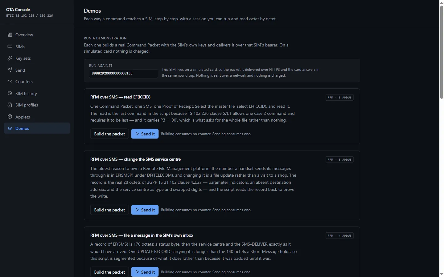 The Demos section: runnable demonstrations, then a step-by-step explanation of an OTA session with a live trace.