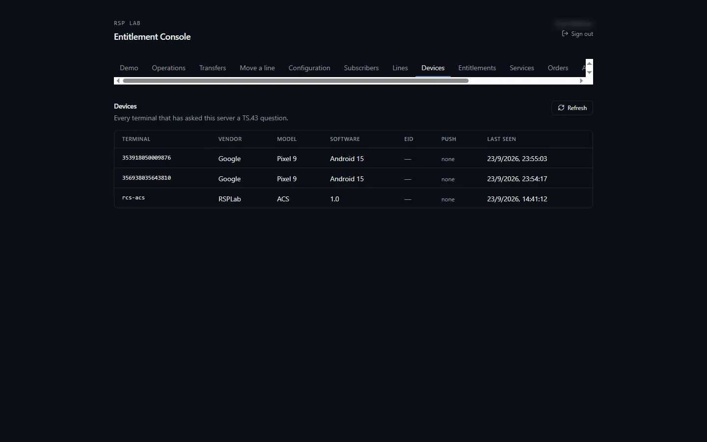The Devices tab: terminal, vendor, model, software, EID, push and last seen.