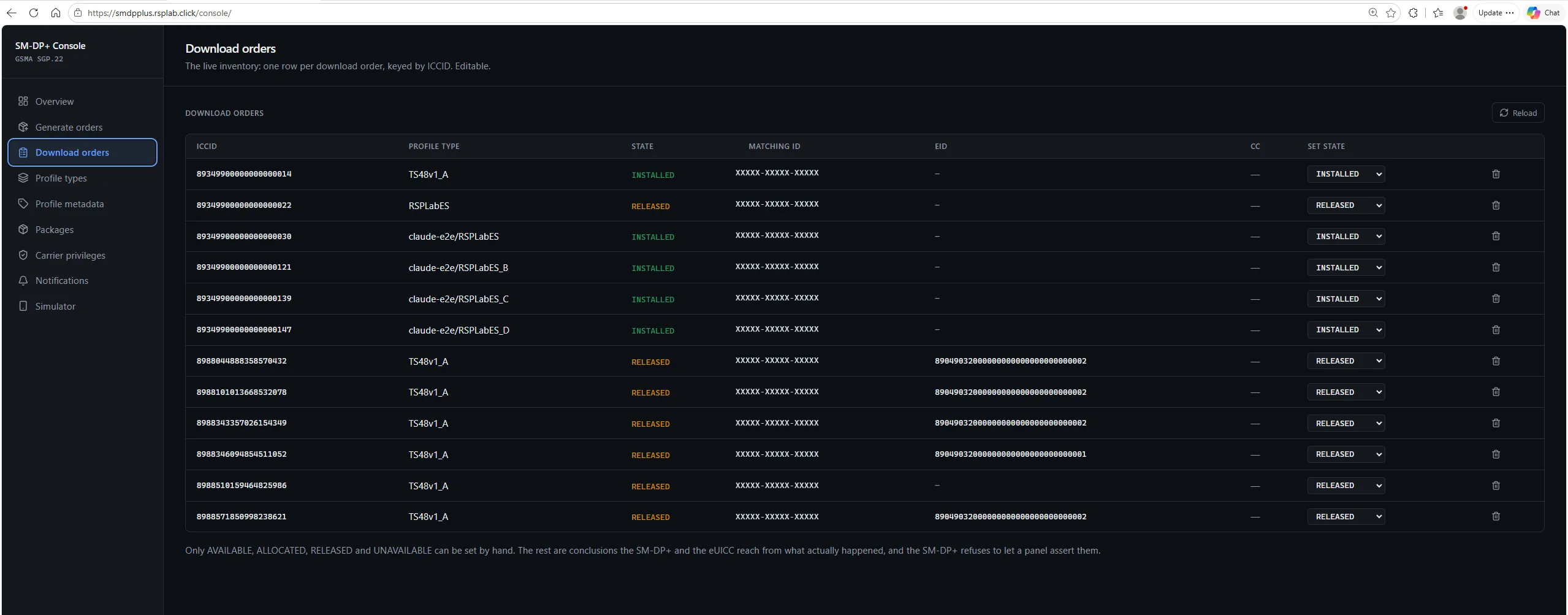 The Download orders table: ICCID, profile type, state, matching ID, EID and actions.