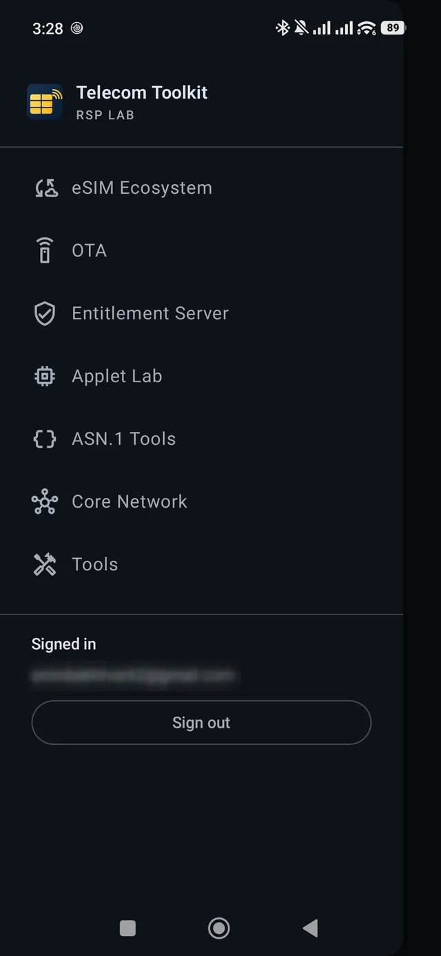 The navigation drawer listing seven sections: eSIM Ecosystem, OTA, Entitlement Server, Applet Lab, ASN.1 Tools, Core Network and Tools, with the signed-in account below.
