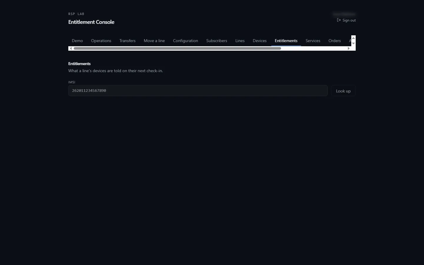 The Entitlements tab for one IMSI: each service with its status and a Change to control, plus the credentials panel.