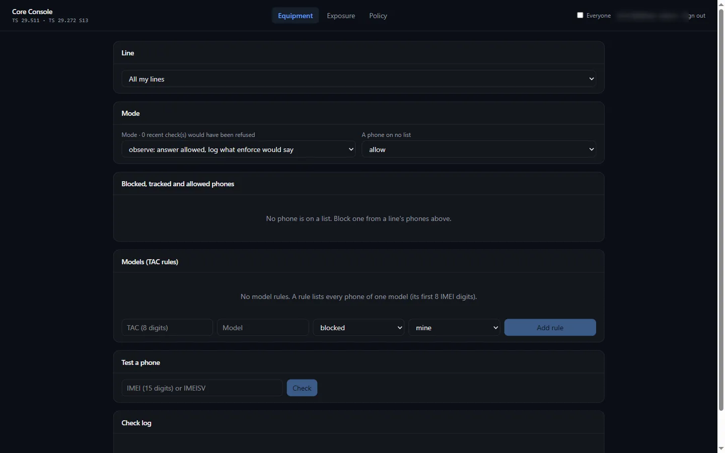 The Equipment tab: mode, lists, model rules, a line's phones and the check log.