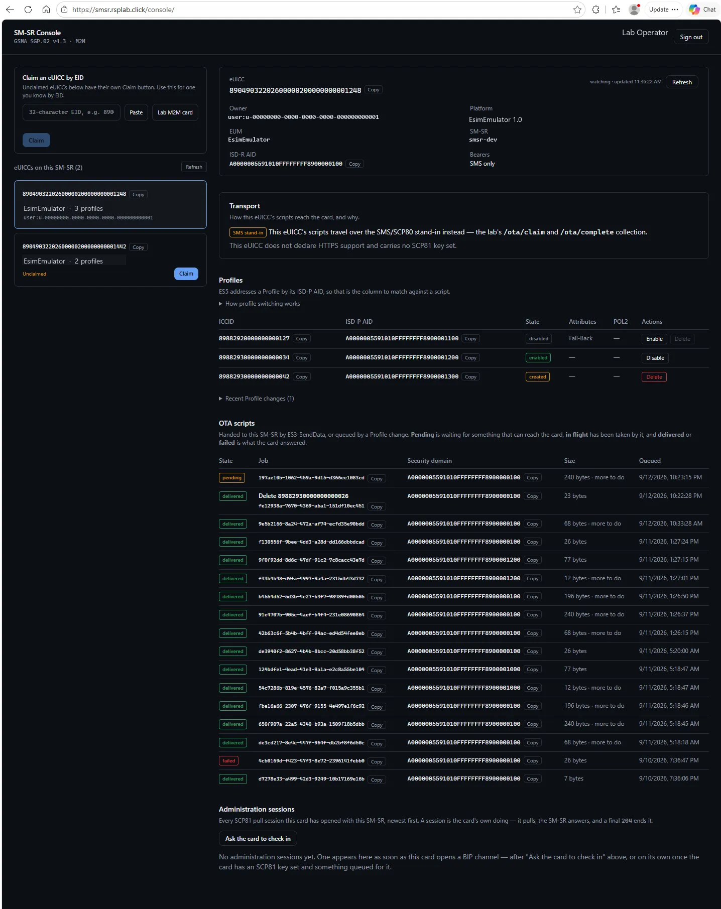 The SM-SR console: the eUICC list on the left and one eUICC's details, profiles and OTA scripts on the right.