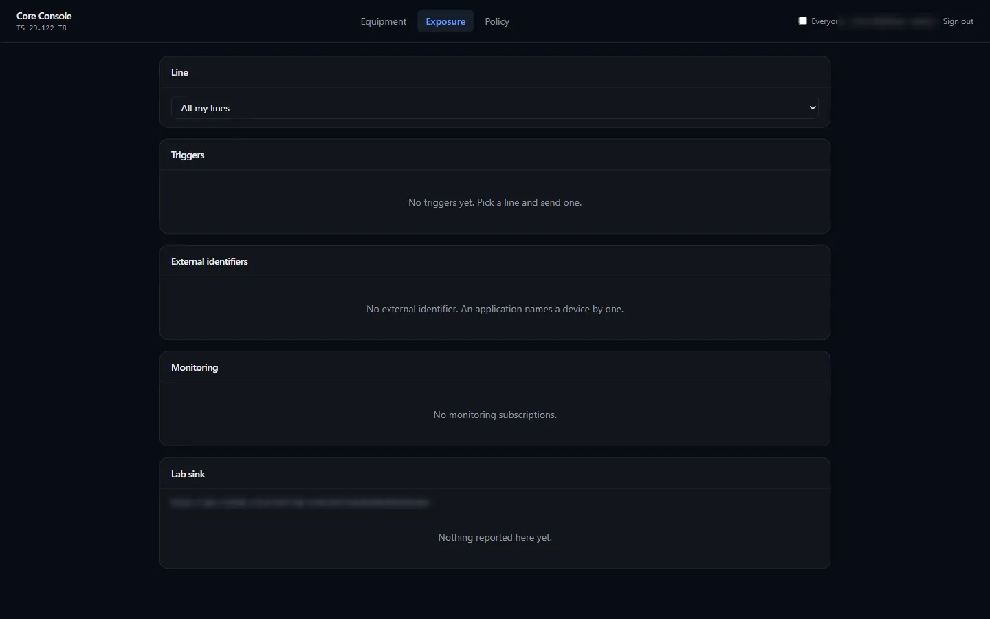 The Exposure tab: external identifiers, a trigger form, triggers, monitoring and the lab sink.
