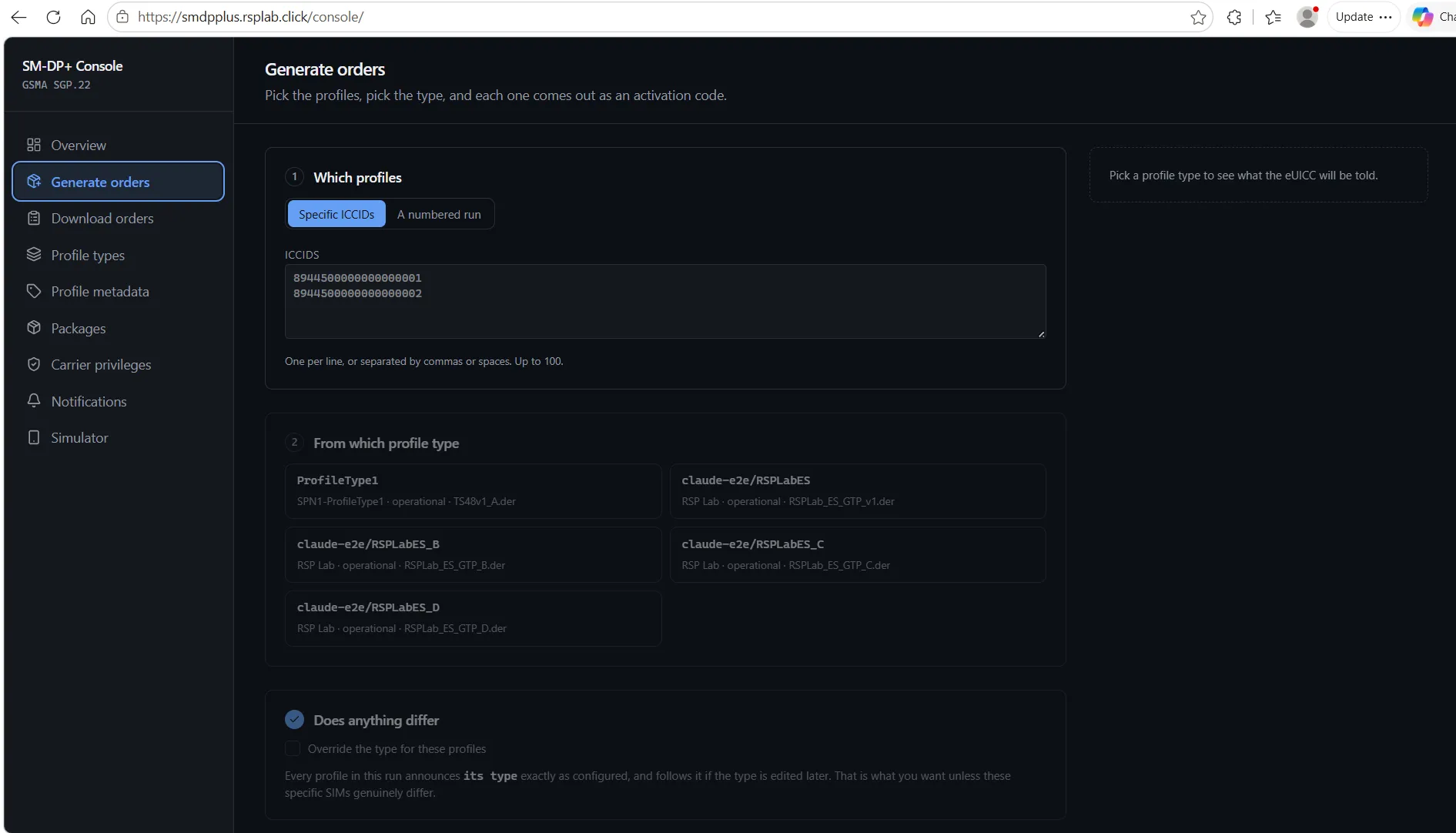The Generate orders form with ICCIDs entered, a profile type selected, and the live preview of what the eUICC is told.