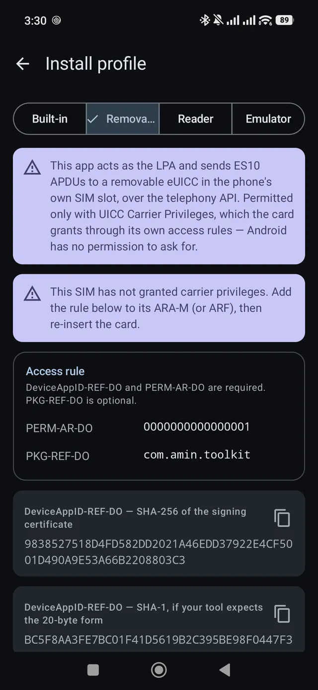 The Install profile screen on the Removable tab, refused for want of carrier privileges, showing the access rule to add: PERM-AR-DO, PKG-REF-DO, and the signing certificate digest in SHA-256 and SHA-1.