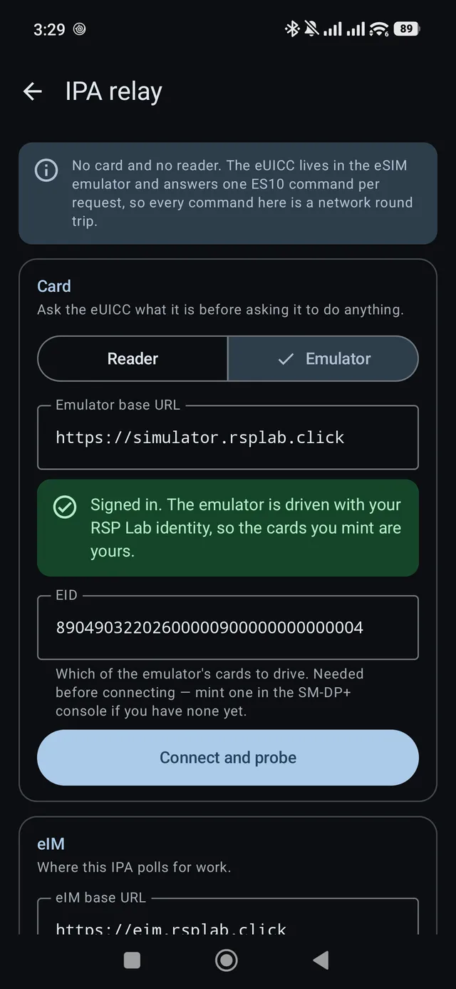 The IPA relay screen: card source set to Emulator, signed in, with an EID and the eIM base URL below.