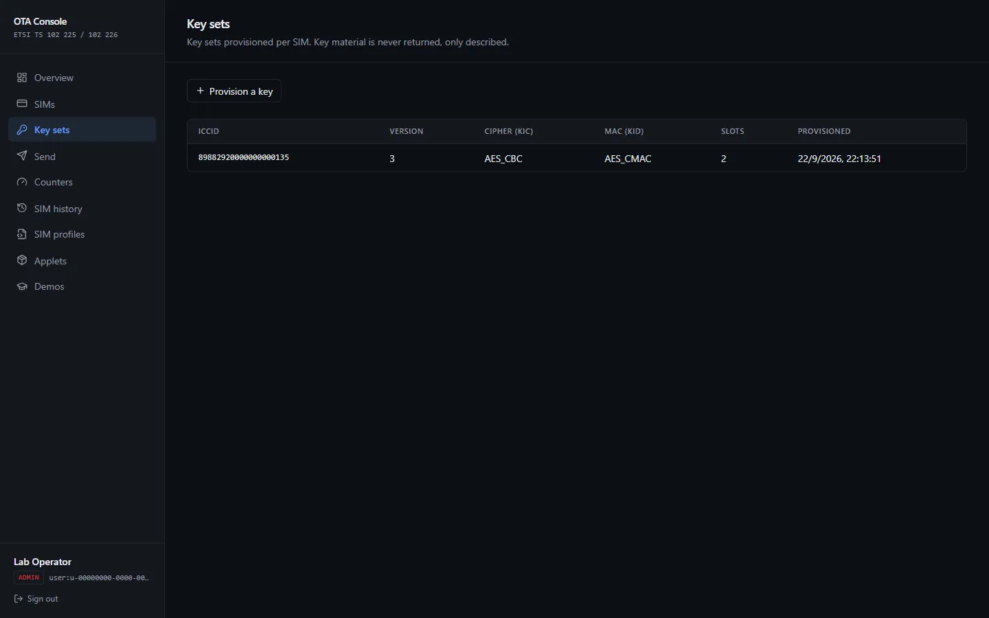 The Key sets table: ICCID, key version, cipher and MAC algorithms, and when each was provisioned.