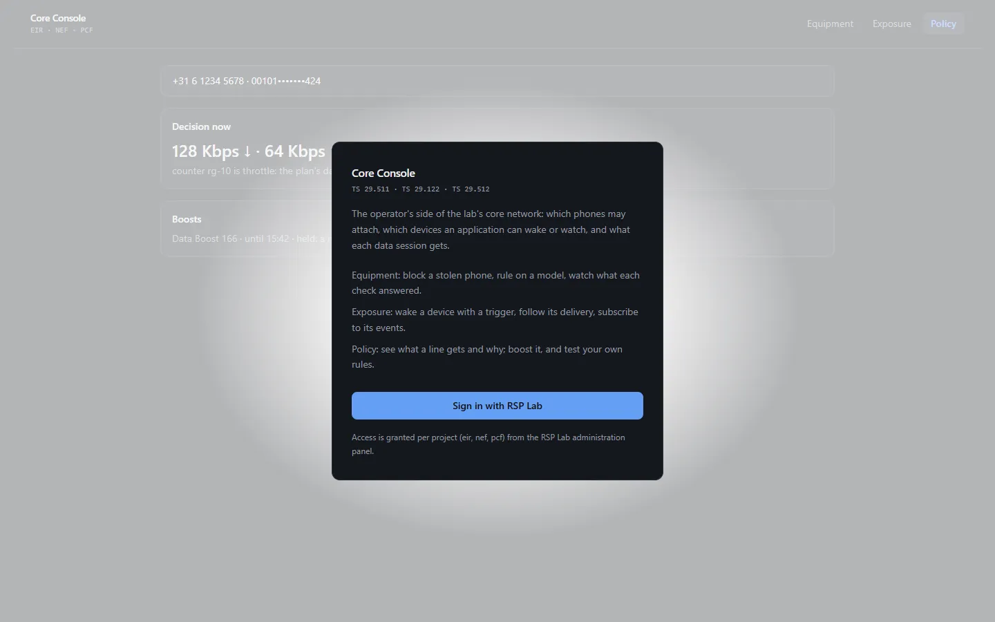 The core console sign-in page over a preview of the Policy tab.