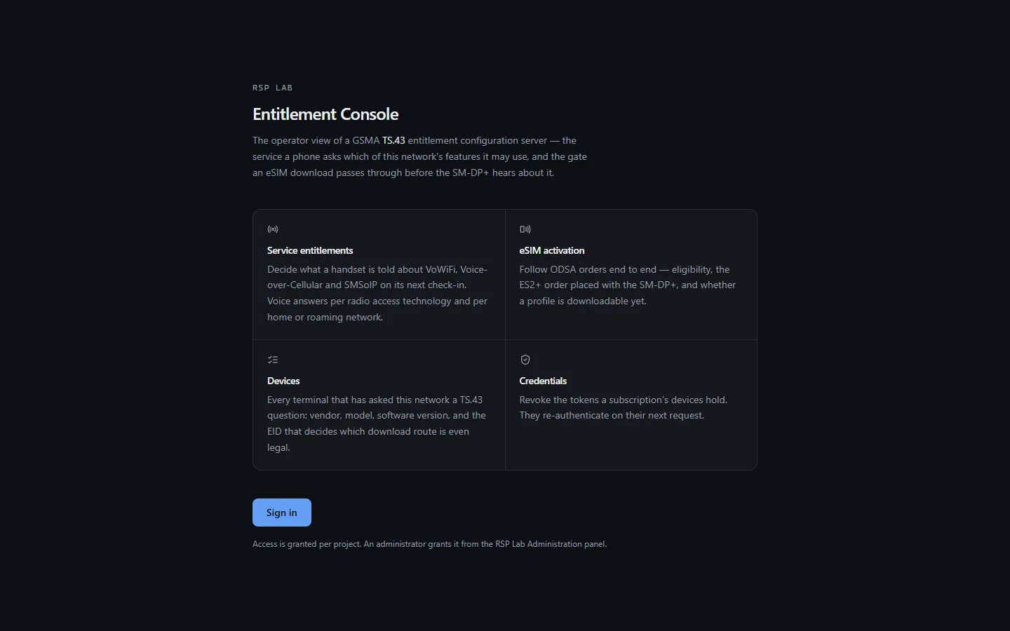The Entitlement console sign-in page with its four capability cards.