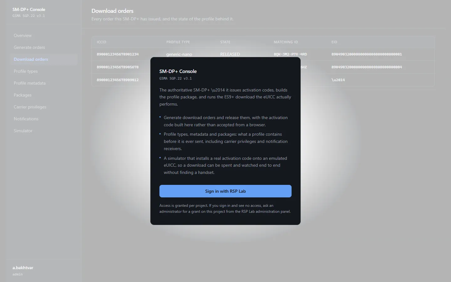 The SM-DP+ console's sign-in page: a short description of the console and a Sign in with RSP Lab button, over a dimmed preview of the Download orders screen.