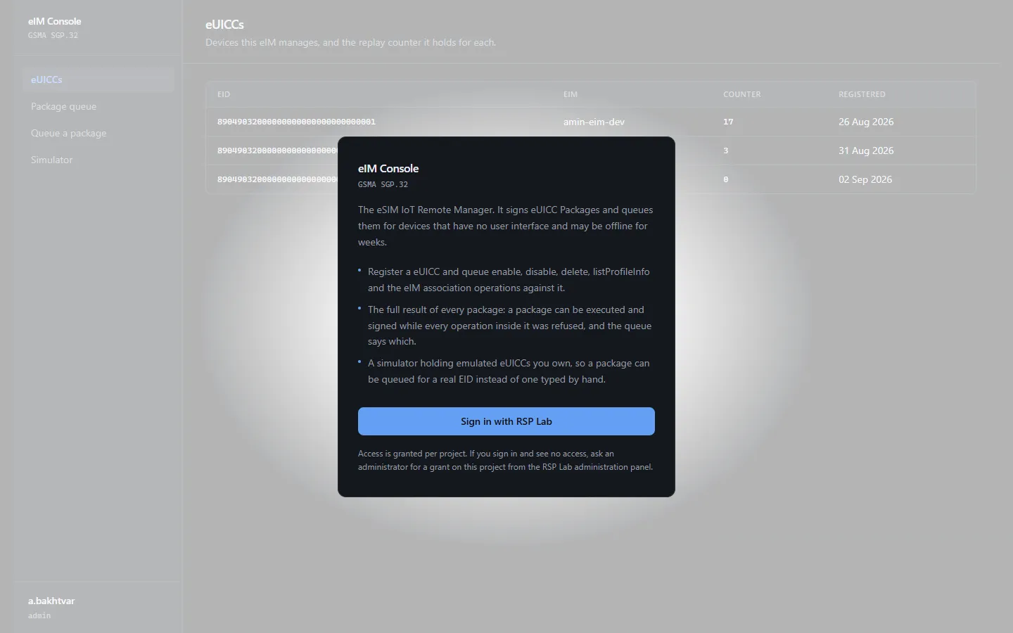 The eIM console sign-in page over a preview of the eUICCs screen.