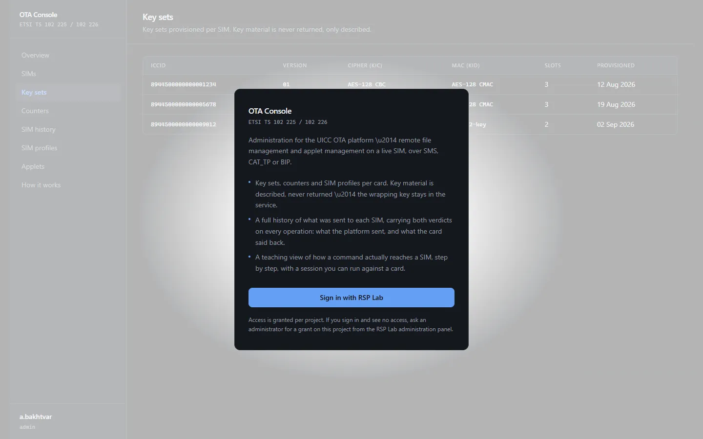 The OTA console sign-in page over a preview of the console.