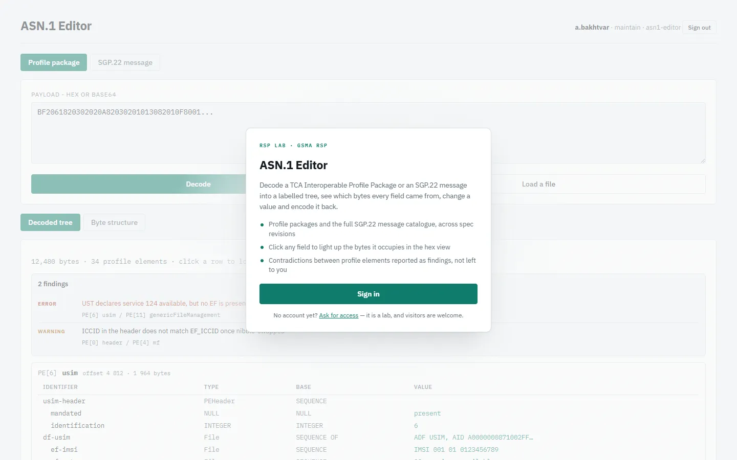 The ASN.1 Editor sign-in page over a preview of a decoded profile.