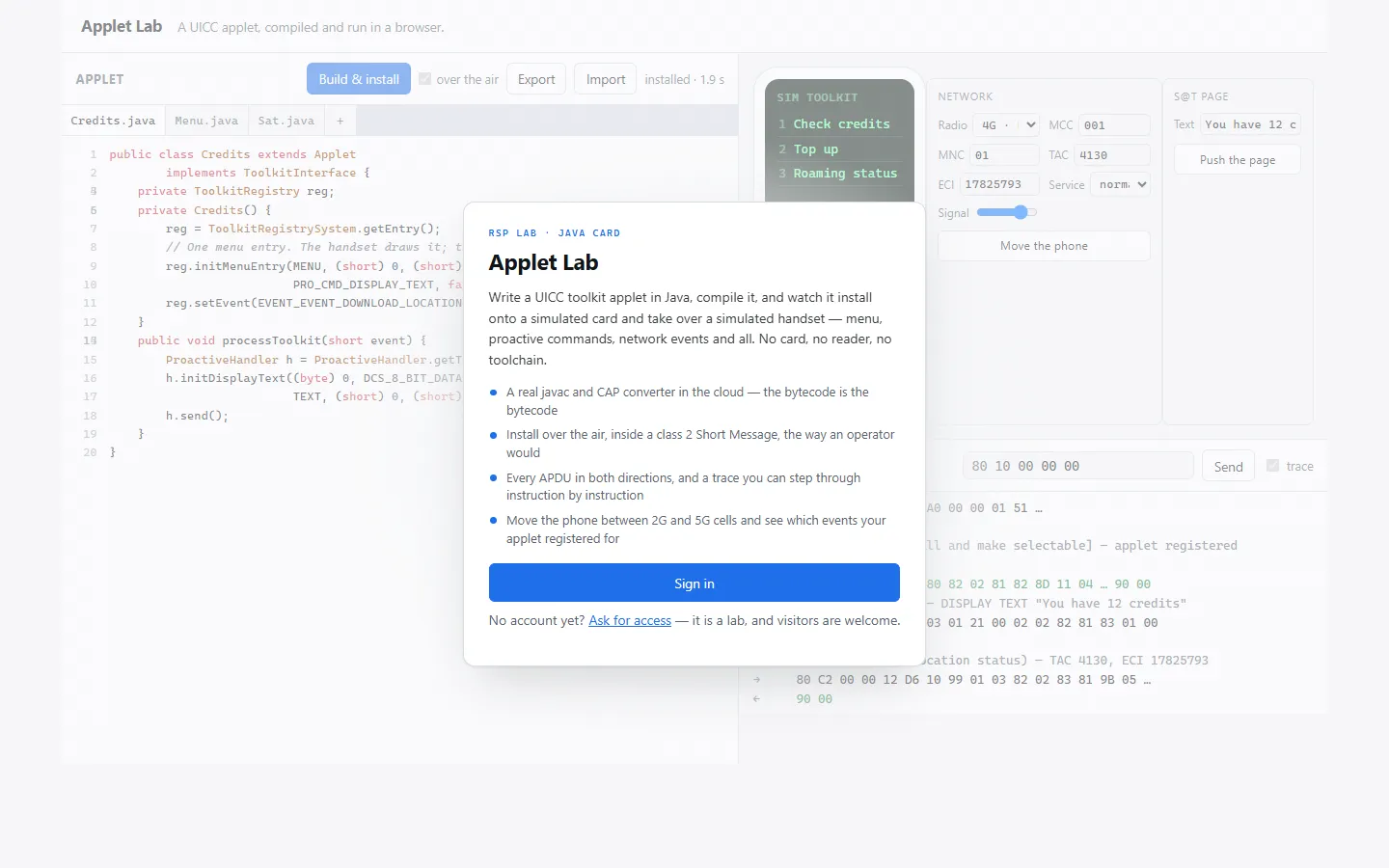 The Applet Lab sign-in card over a preview of a working session.