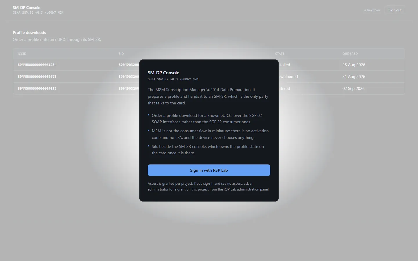 The SM-DP console sign-in page over a preview of the Profile downloads table.