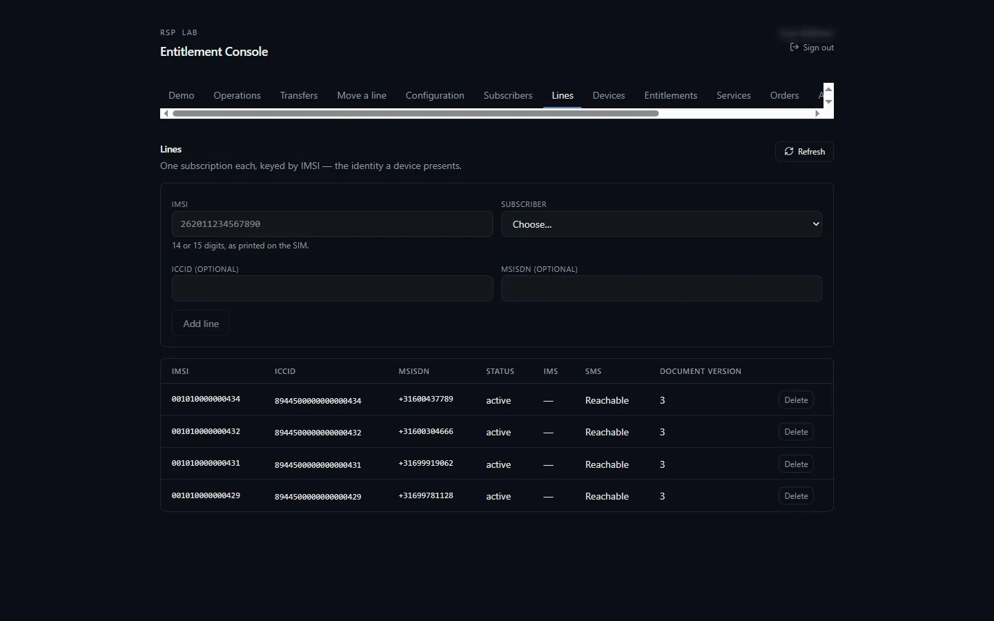 The Lines tab: IMSI, ICCID, MSISDN, status and document version per line, with the Add line form.