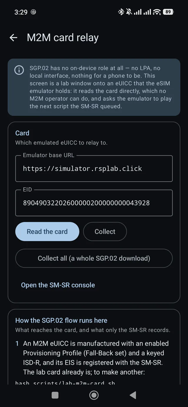 The M2M card relay screen: an emulator base URL and EID, with Read the card, Collect, and Collect all buttons.