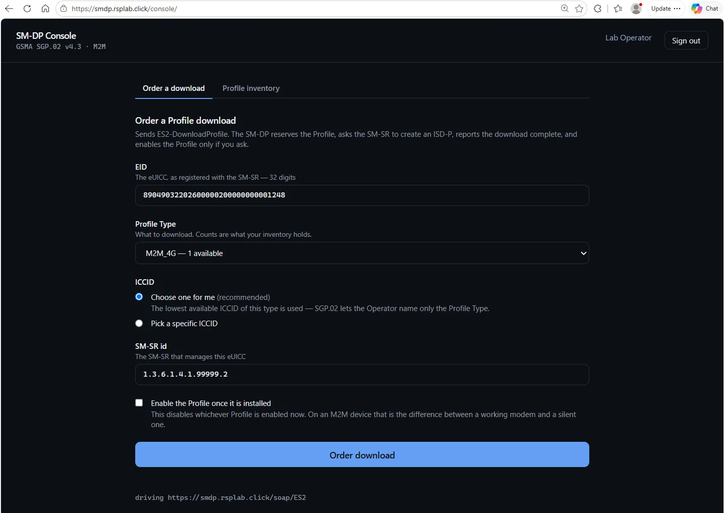 The Order a download form: EID, profile type, ICCID choice, SM-SR id and the enable option.