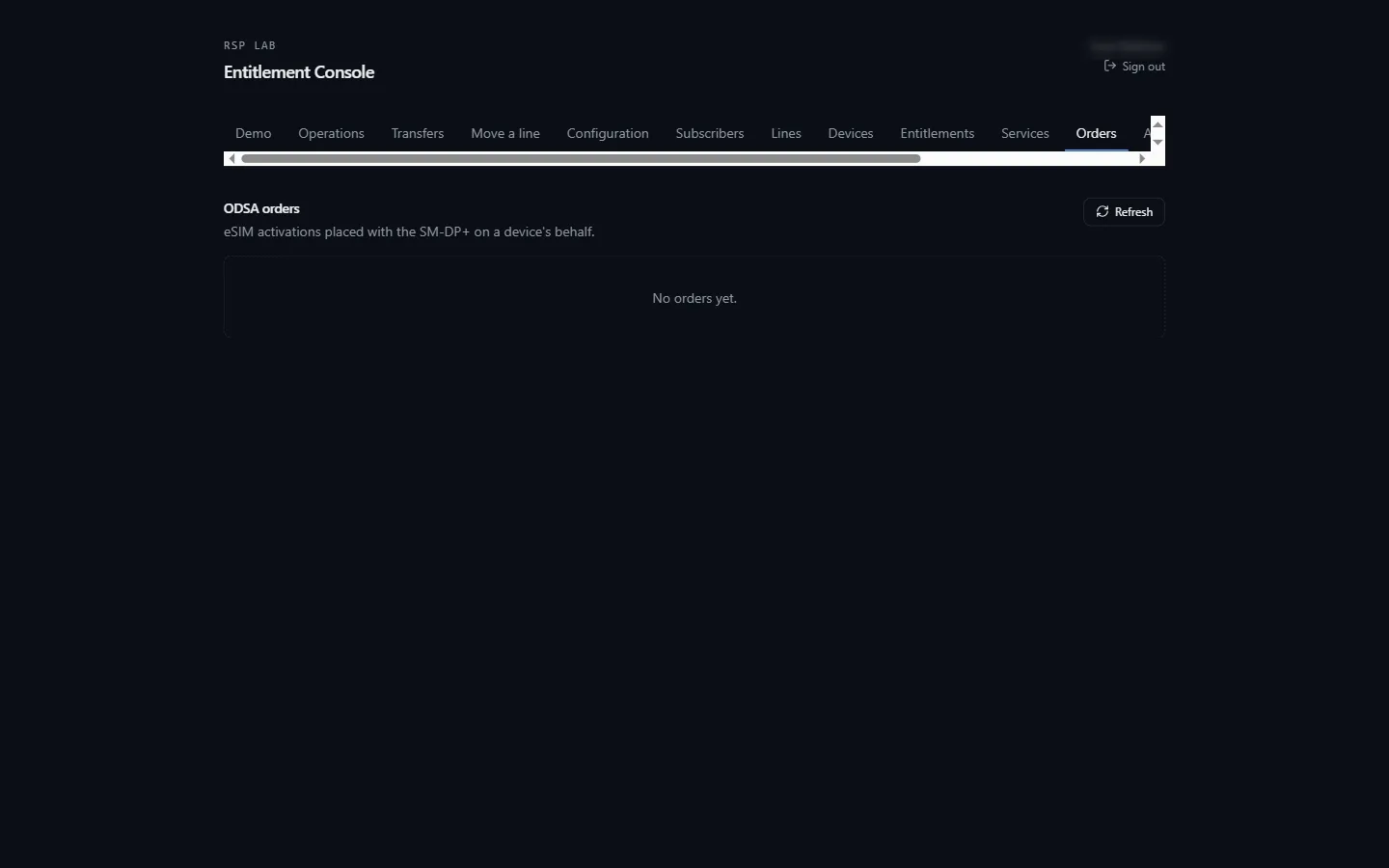 The Orders tab: activation orders with their application, operation, result, service state and whether a code was issued.