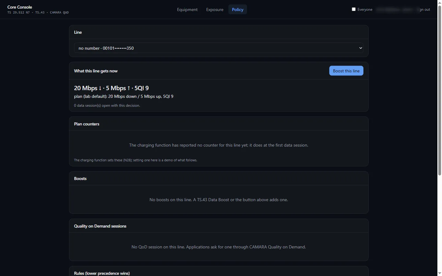 The Policy tab: a line's current speed with its reasons, counters, boosts, QoD sessions, profiles and rules.