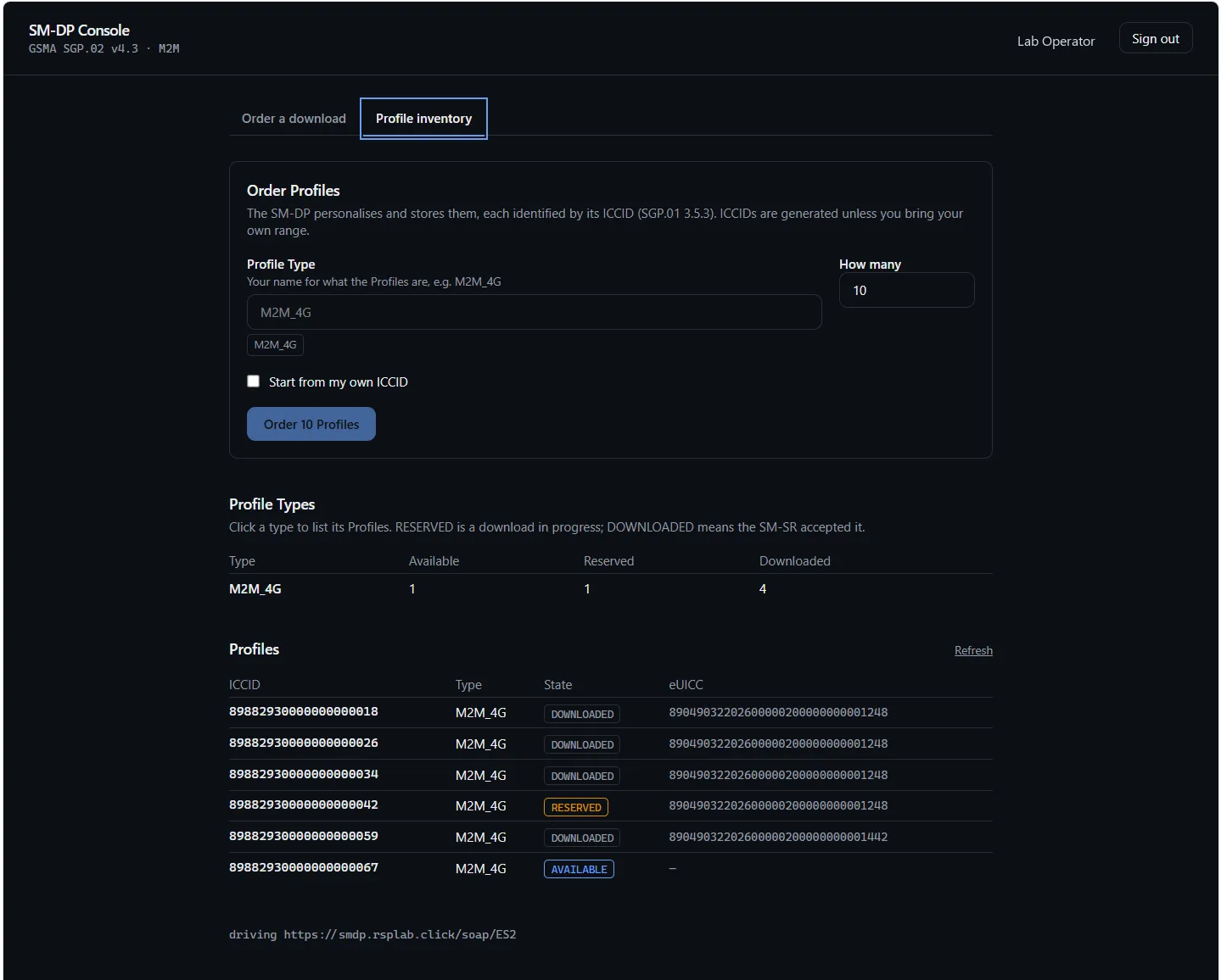 The Profile inventory: a table of profile types with available, reserved and downloaded counts, and the list of profiles.