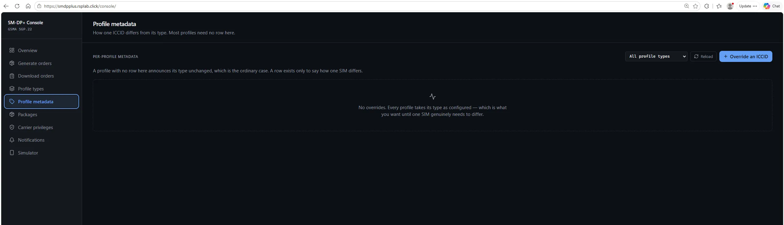 The Profile metadata section, empty, with an Override an ICCID button and a profile type filter.