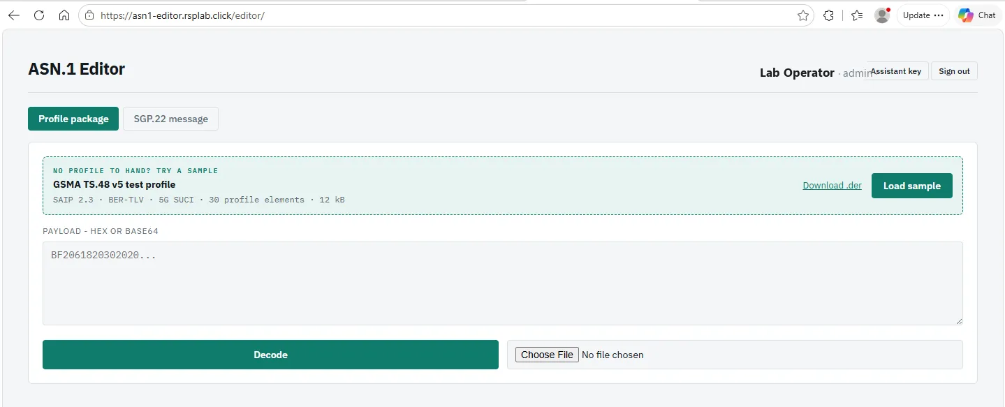 The editor on the Profile package tab, with the payload box and Decode button.