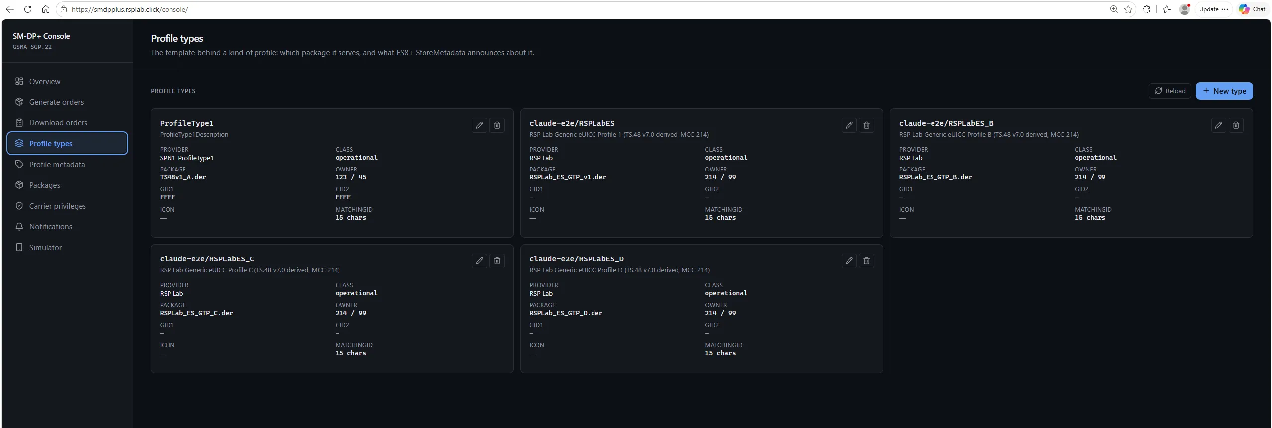 The Profile types section listing types and their package, provider and class.