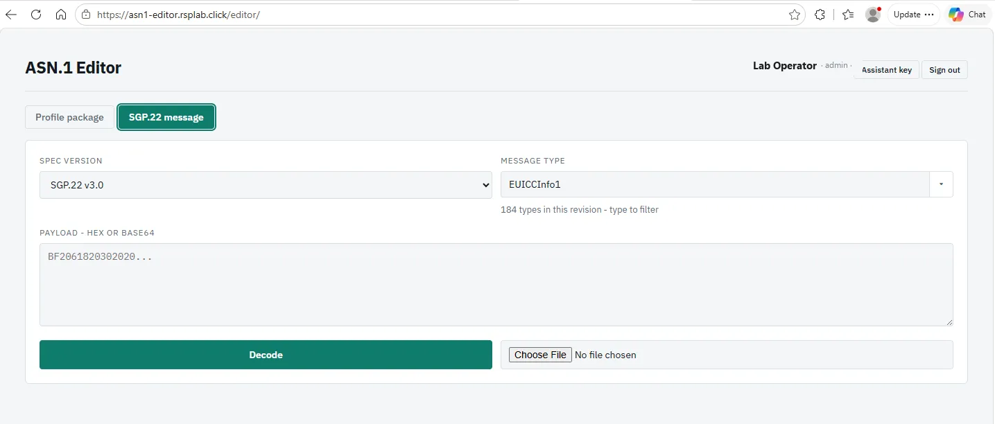 The SGP.22 message tab with the spec version and message type selectors.