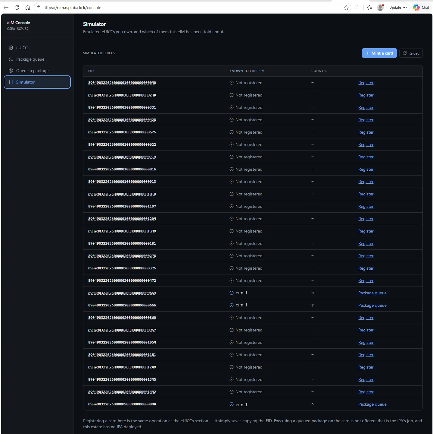 The Simulator section listing simulated eSIMs, whether each is registered, and its profiles.