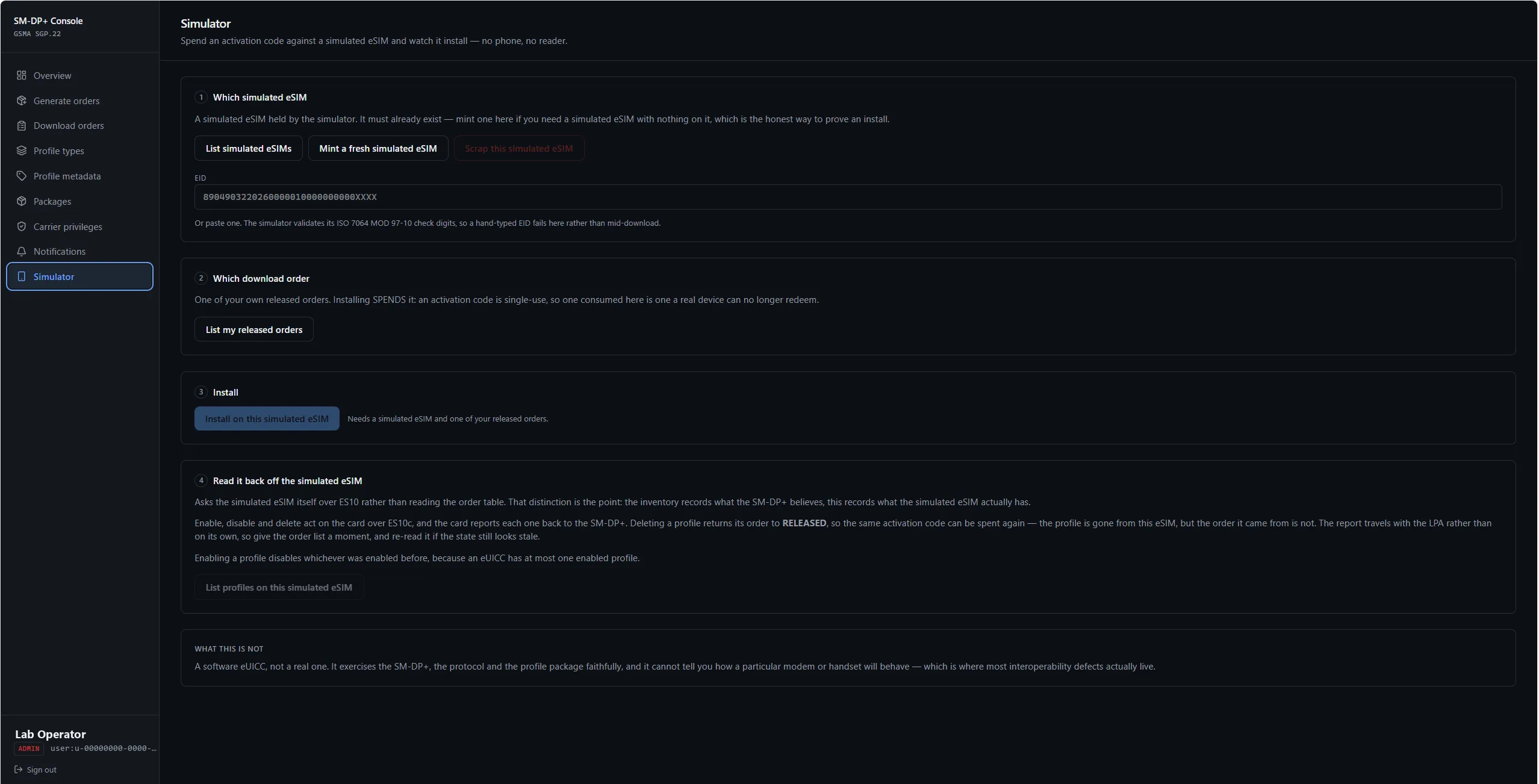 The Simulator section with a simulated eSIM selected and a released order ready to install.