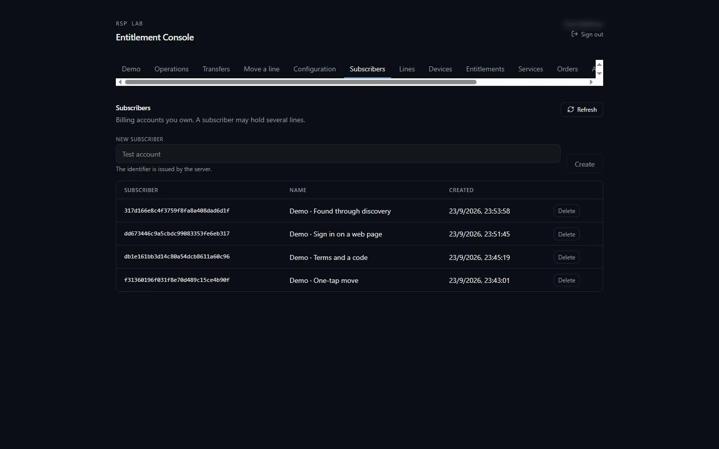 The Subscribers tab: a table of subscribers and the New subscriber form.