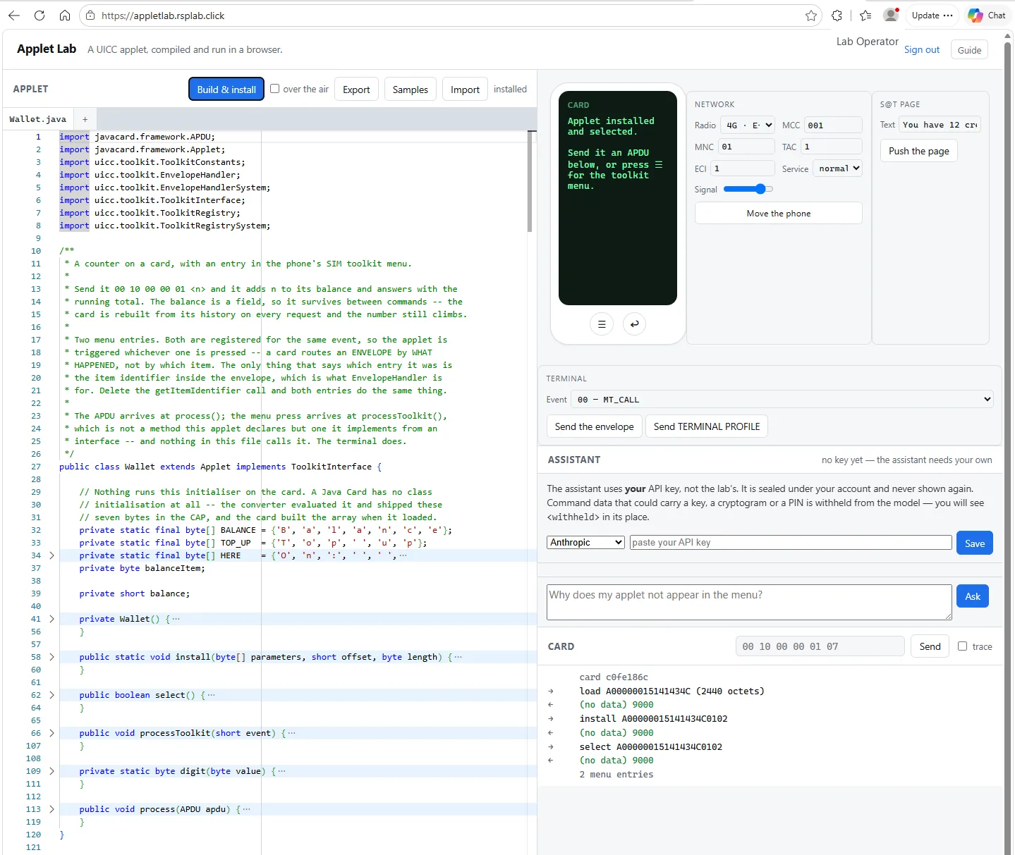 Applet Lab with a sample open: the editor on the left, the phone, network, terminal panels and card console on the right.